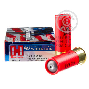 Photo detailing the 12 GAUGE HORNADY AMERICAN WHITETAIL 2-3/4" 1 OZ. RIFLED SLUG (5 ROUNDS) for sale at AmmoMan.com.