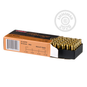 Photo detailing the 25 ACP PMC BRONZE 50 GRAIN FMJ (50 ROUNDS) for sale at AmmoMan.com.