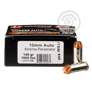 Image of 10mm ammo by Underwood that's ideal for home protection, hunting wild pigs, whitetail hunting.