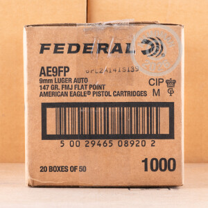 A photograph detailing the 9mm Luger ammo with Full Metal Jacket Flat Nose (FMJFN) bullets made by Federal.