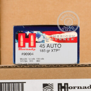 A photo of a box of Hornady ammo in .45 Automatic.