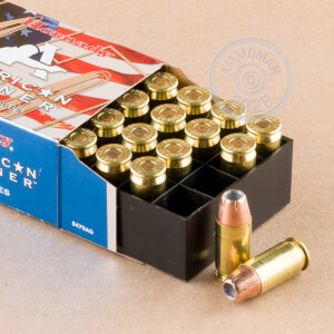 A photograph detailing the .45 Automatic ammo with XTP bullets made by Hornady.