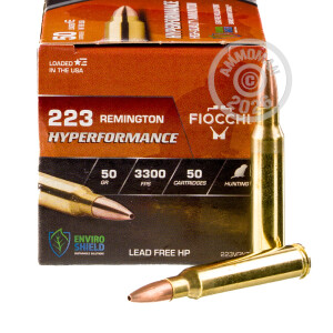 Image of 223 Remington ammo by Fiocchi that's ideal for hunting varmint sized game.