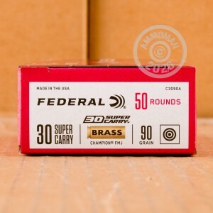 A photograph of 50 rounds of 90 grain 30 Super Carry ammo with a FMJ bullet for sale.