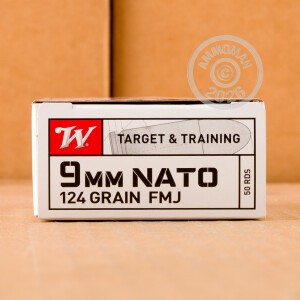 Photo detailing the 9MM WINCHESTER 124 GRAIN FULL METAL JACKET (500 ROUNDS) for sale at AmmoMan.com.