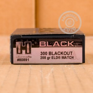 Photograph showing detail of 300 AAC BLACKOUT HORNADY BLACK 208 GRAIN ELD MATCH (200 ROUNDS)