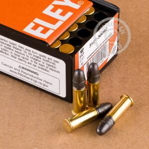 Photograph of .22 Long Rifle ammo with Lead Round Nose (LRN) ideal for precision shooting, Subsonic, training at the range.