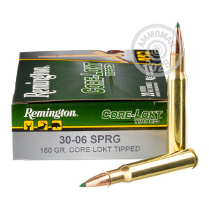 Photo detailing the 30-06 SPRINGFIELD REMINGTON CORE-LOKT TIPPED 180 GRAIN POLYMER TIP (200 ROUNDS) for sale at AmmoMan.com.