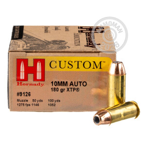 Photo detailing the 10mm HORNADY 180 GRAIN XTP JHP AMMO (20 ROUNDS) for sale at AmmoMan.com.