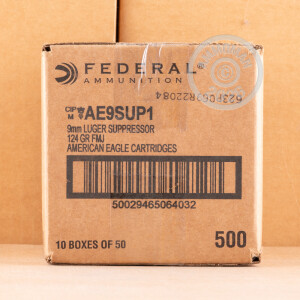 A photograph of 500 rounds of 124 grain 9mm Luger ammo with a FMJ bullet for sale.
