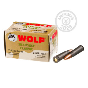 Photograph showing detail of 7.62X39 WOLF MILITARY CLASSIC 124 GRAIN FMJ (1000 ROUNDS)