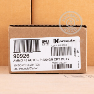 A photograph detailing the .45 Automatic ammo with flex tip technology bullets made by Hornady.