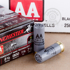 Image of 12 GAUGE WINCHESTER AA TRAACKER BLACK WAD 2-3/4" 1-1/8 OZ. #7.5 SHOT (25 ROUNDS)
