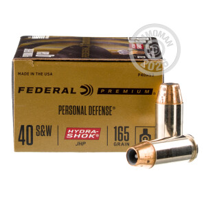 Photo detailing the 40 S&W FEDERAL PREMIUM HYDRA-SHOK 165 GRAIN JHP (20 ROUNDS) for sale at AmmoMan.com.