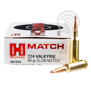 Image of .224 Valkyrie ammo by Hornady that's ideal for precision shooting.