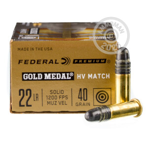 Photograph showing detail of 22 LR FEDERAL GOLD MEDAL HIGH VELOCITY MATCH 40 GRAIN SOLID POINT (500 ROUNDS)