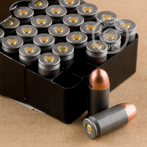 A photograph detailing the .45 Automatic ammo with FMJ bullets made by Wolf.