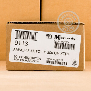 A photo of a box of Hornady ammo in .45 Automatic.