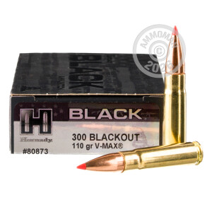 Photo detailing the 300 AAC BLACKOUT HORNADY BLACK 110 GRAIN V-MAX (20 ROUNDS) for sale at AmmoMan.com.