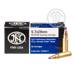 Photo detailing the 5.7X28MM FN HERSTAL 40 GRAIN V-MAX (50 ROUNDS) for sale at AmmoMan.com.