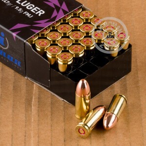 A photograph of 50 rounds of 147 grain 9mm Luger ammo with a FMJ bullet for sale.