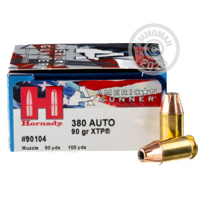 Photograph showing detail of .380 ACP HORNADY AMERICAN GUNNER 90 GRAIN JHP (25 ROUNDS)