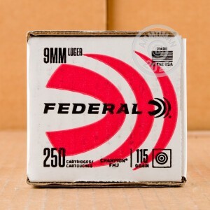 A photograph detailing the 9mm Luger ammo with FMJ bullets made by Federal.