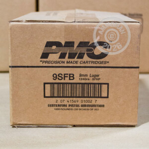A photo of a box of PMC ammo in 9mm Luger.