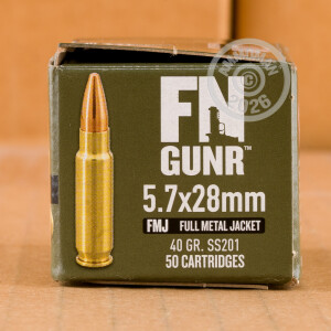 Photograph showing detail of 5.7x28MM FN HERSTAL 40 GRAIN FMJ (50 ROUNDS)