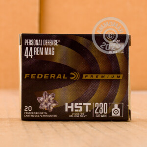 Photo detailing the 44 MAGNUM FEDERAL PERSONAL DEFENSE HST 230 GRAIN JHP (20 ROUNDS) for sale at AmmoMan.com.