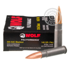 A photograph detailing the 300 AAC Blackout ammo with Full Metal Jacket (FMJ) bullets made by Wolf.