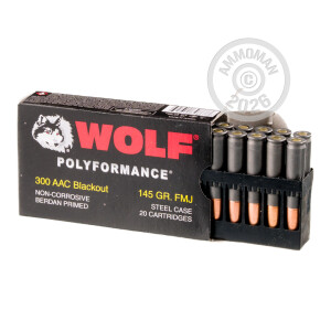 A photo of a box of Wolf ammo in 300 AAC Blackout.