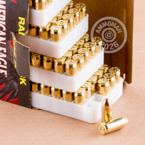 A photograph detailing the .45 Automatic ammo with FMJ bullets made by Federal.