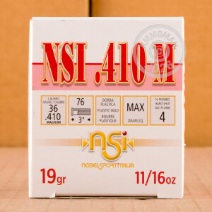 Photo detailing the 410 BORE NOBELSPORT 3" 11/16 OZ. #4 SHOT (25 ROUNDS) for sale at AmmoMan.com.
