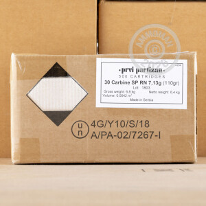 A photo of a box of Prvi Partizan ammo in .30 Carbine.