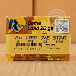 Picture of 2-3/4" 20 Gauge ammo made by Rio Ammunition in-stock now at AmmoMan.com.