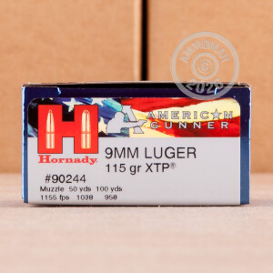 Photograph showing detail of 9MM HORNADY AMERICAN GUNNER 115 GRAIN JHP (250 ROUNDS)