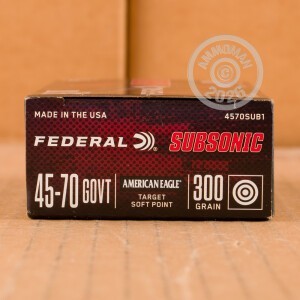 Photo detailing the 45-70 GOVERNMENT FEDERAL AMERICAN EAGLE SUBSONIC 300 GRAIN TARGET HP (20 ROUNDS) for sale at AmmoMan.com.