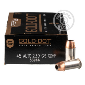 Photo detailing the .45 ACP SPEER GOLD DOT 230 GRAIN JHP (1000 ROUNDS) for sale at AmmoMan.com.