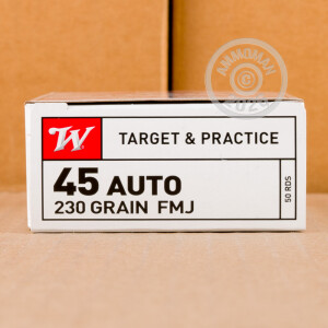 A photograph of 50 rounds of 230 grain .45 Automatic ammo with a FMJ bullet for sale.