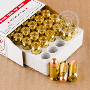 A photograph detailing the .45 Automatic ammo with FMJ bullets made by Winchester.