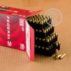 A photograph detailing the 9mm Luger ammo with FMJ bullets made by Federal.