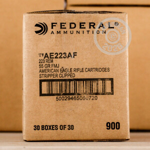 A photograph of 900 rounds of 55 grain 223 Remington ammo with a FMJ-BT bullet for sale.