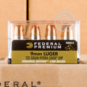 A photograph detailing the 9mm Luger ammo with JHP bullets made by Federal.