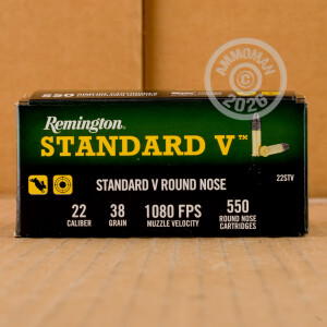A box of Remington ammo in .22 Long Rifle that's often used for hunting varmint sized game, training at the range.