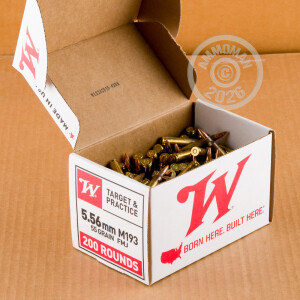 Image of 5.56x45mm ammo by Winchester that's ideal for training at the range.