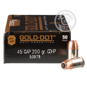 Photograph showing detail of .45 GAP SPEER GOLD DOT 200 GRAIN JHP (50 ROUNDS)
