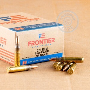 A photograph detailing the bulk 223 Remington ammo with FMJ-BT bullets made by Hornady.