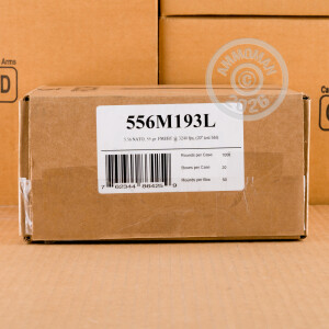 A photograph detailing the 5.56x45mm ammo with FMJ-BT bullets made by Fiocchi.