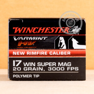 Photo detailing the 17 WSM WINCHESTER VARMINT HV 20 GRAIN POLYMER TIP (500 ROUNDS) for sale at AmmoMan.com.